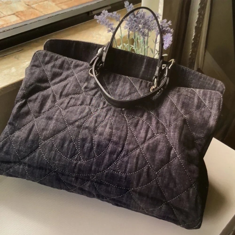 - Chanel black quilted denim timeless cc tote bag